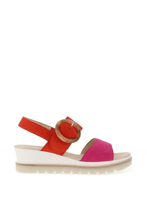 Gabor Leather Colour Block Wedge Sandals, Pink & Pumpkin