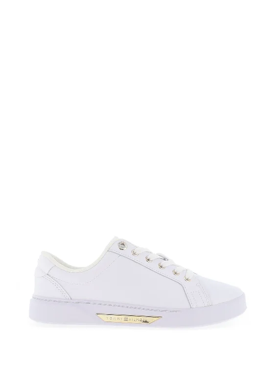 Tommy Hilfiger Womens Smooth Leather Court Trainers, White & Gold