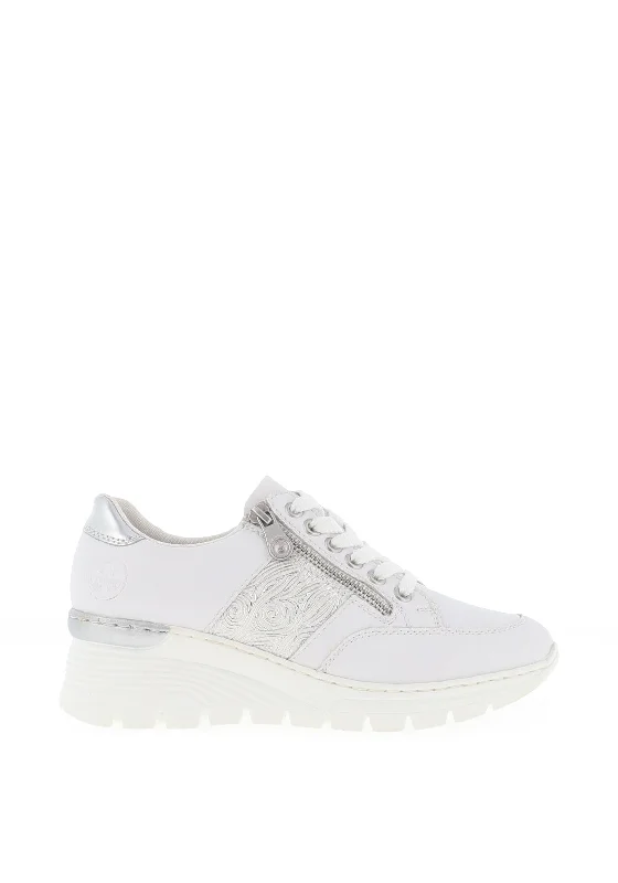 Rieker Womens Leather Zip Wedge Trainers, White