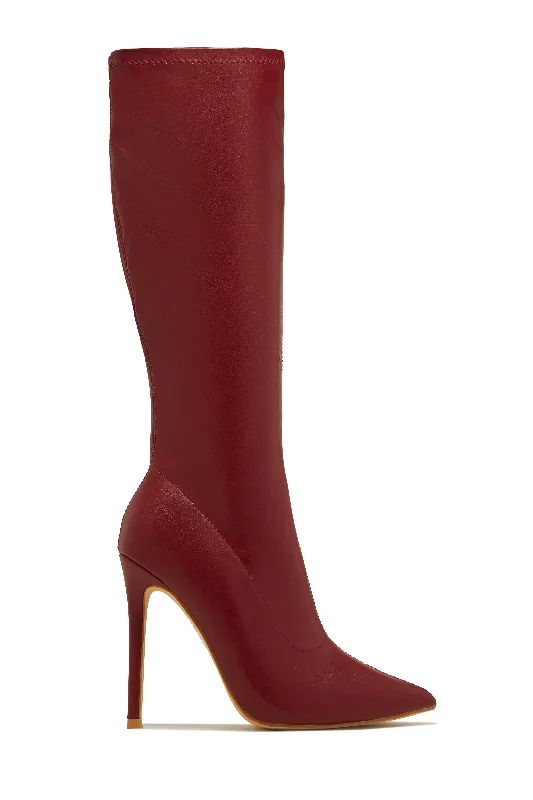 So Dramatic Knee High Heel Boots - Wine