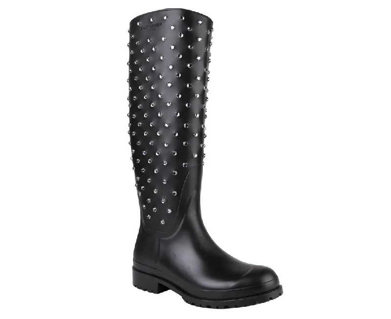 Saint Laurent Women's  Rubber Rain Boots With Crystal Studs (35 EU / 5 US)