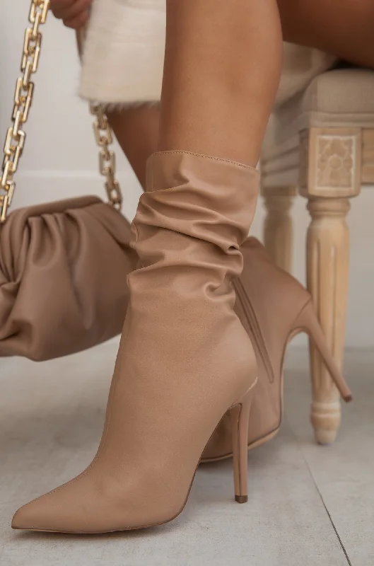 So Flirty Ruched Detailed Ankle Heel Boots - Nude