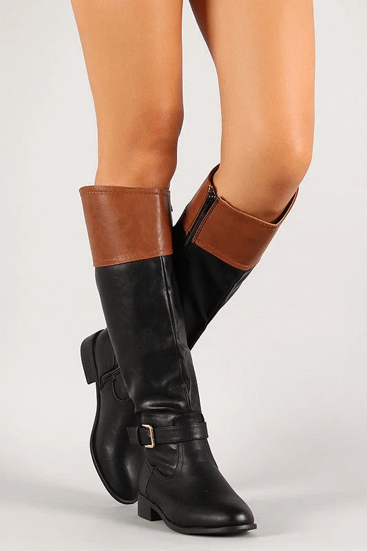 Bamboo Two Tone Buckle Riding Knee High Boots