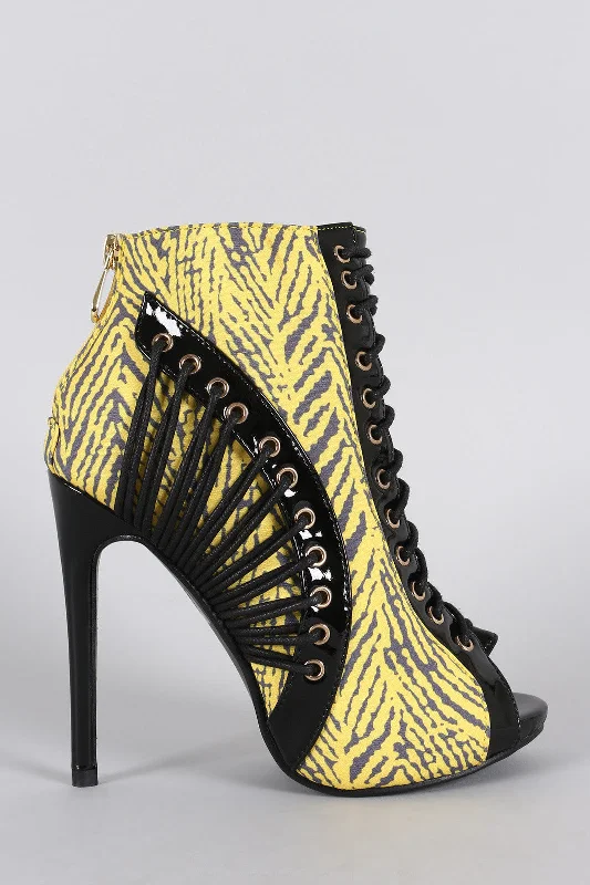 Abstract Print Corset Peep Toe Stiletto Booties