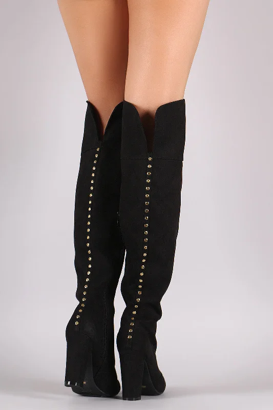 Bamboo Suede Studded Back Chunky Heeled Boots